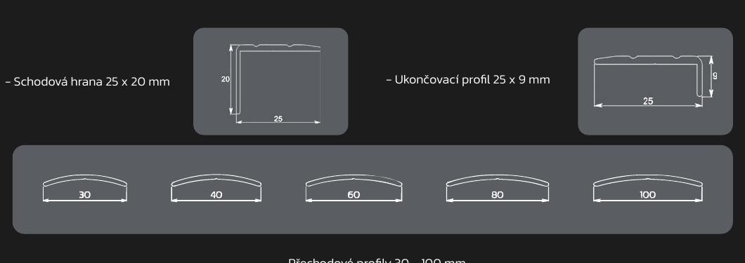 Schodová hrana, ukončovací profil a přechodové profily RIGID